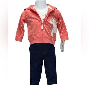Carter's Baby Unicorn Print 3-Piece (Jeans; Bodysuit; Zip Hoodie) Set- Blue Pink